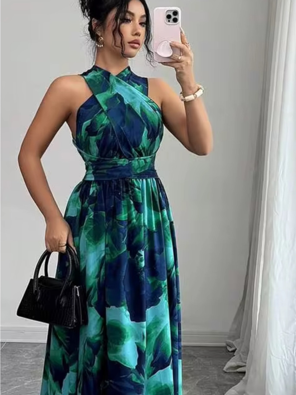 SHEIN Blue & Green Halter Floral Maxi Dress
